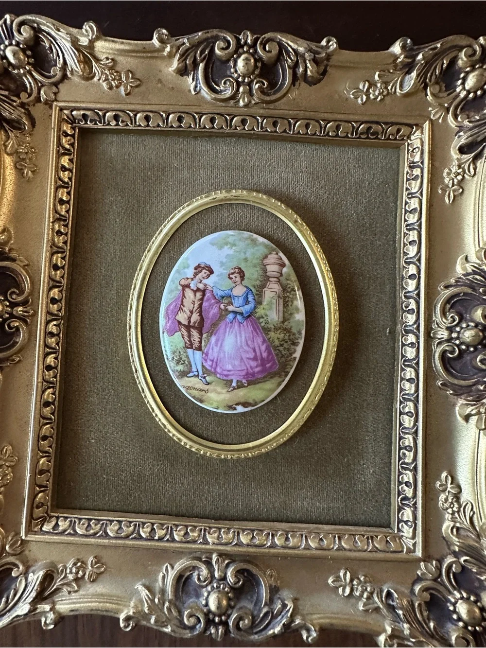 Decorative Gold Ornate Picture Frame Pair with Pastel Cameo Art